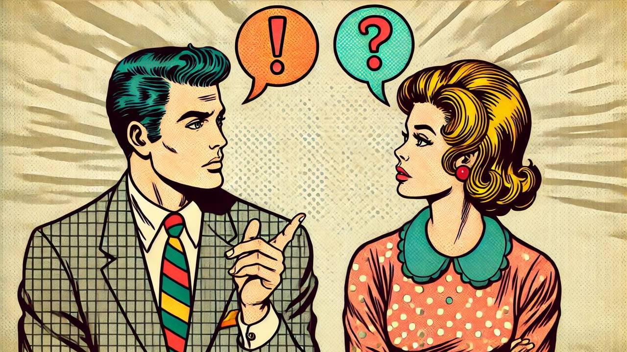 Mann und Frau unterhalten sich. Bild im Retro Comic Style.
