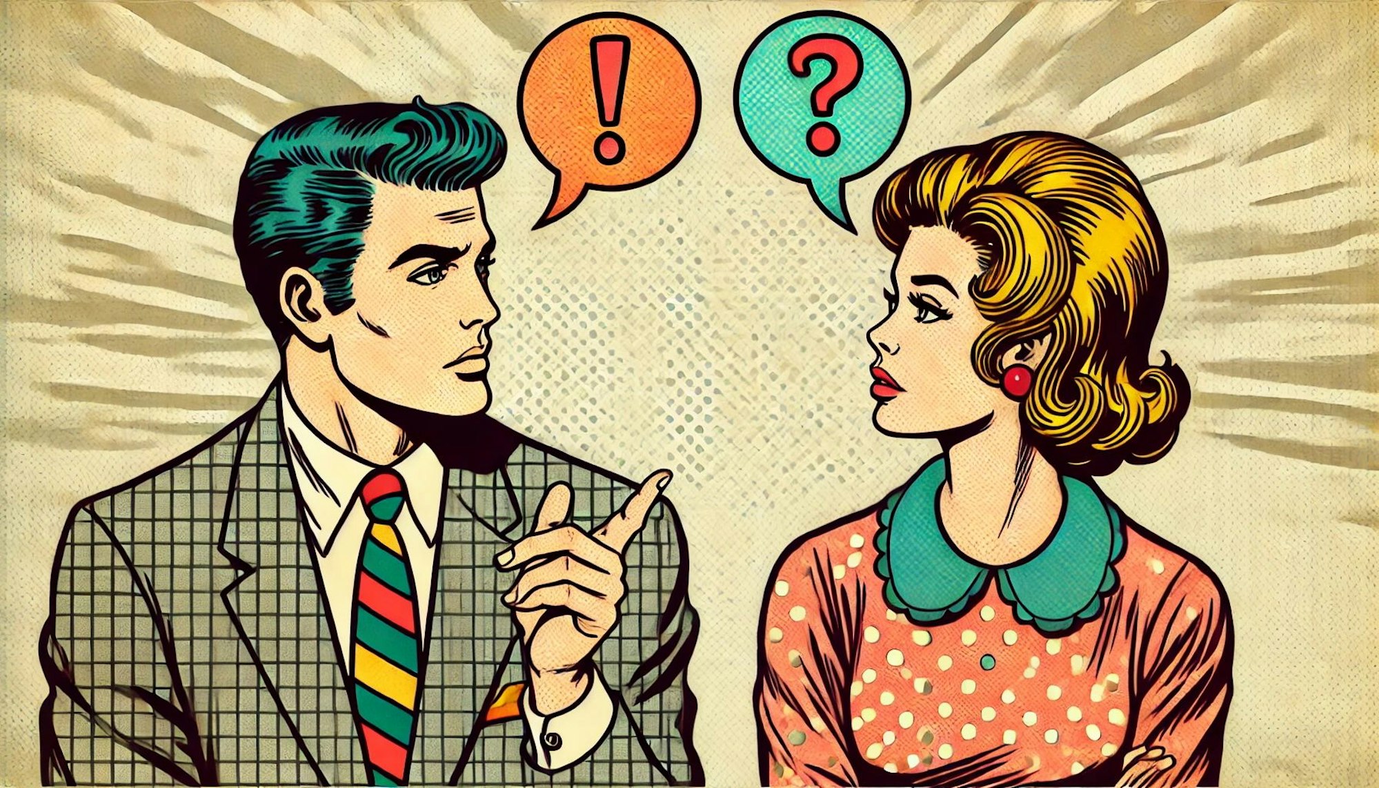 Mann und Frau unterhalten sich. Bild im Retro Comic Style.