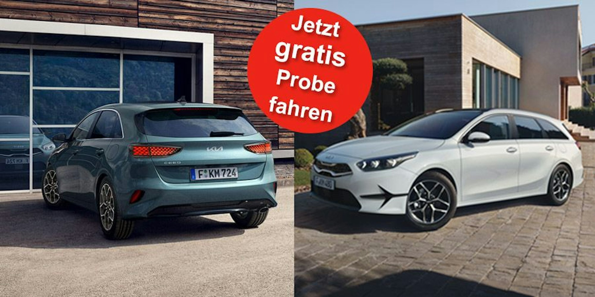 Kia Ceed 1.0 T-GDI MT Ultimate Edition und Kia Ceed Sportswagon 1.0 T-GDI MT Ultimate Edition stehen geparkt vor Garageneinfahrten.