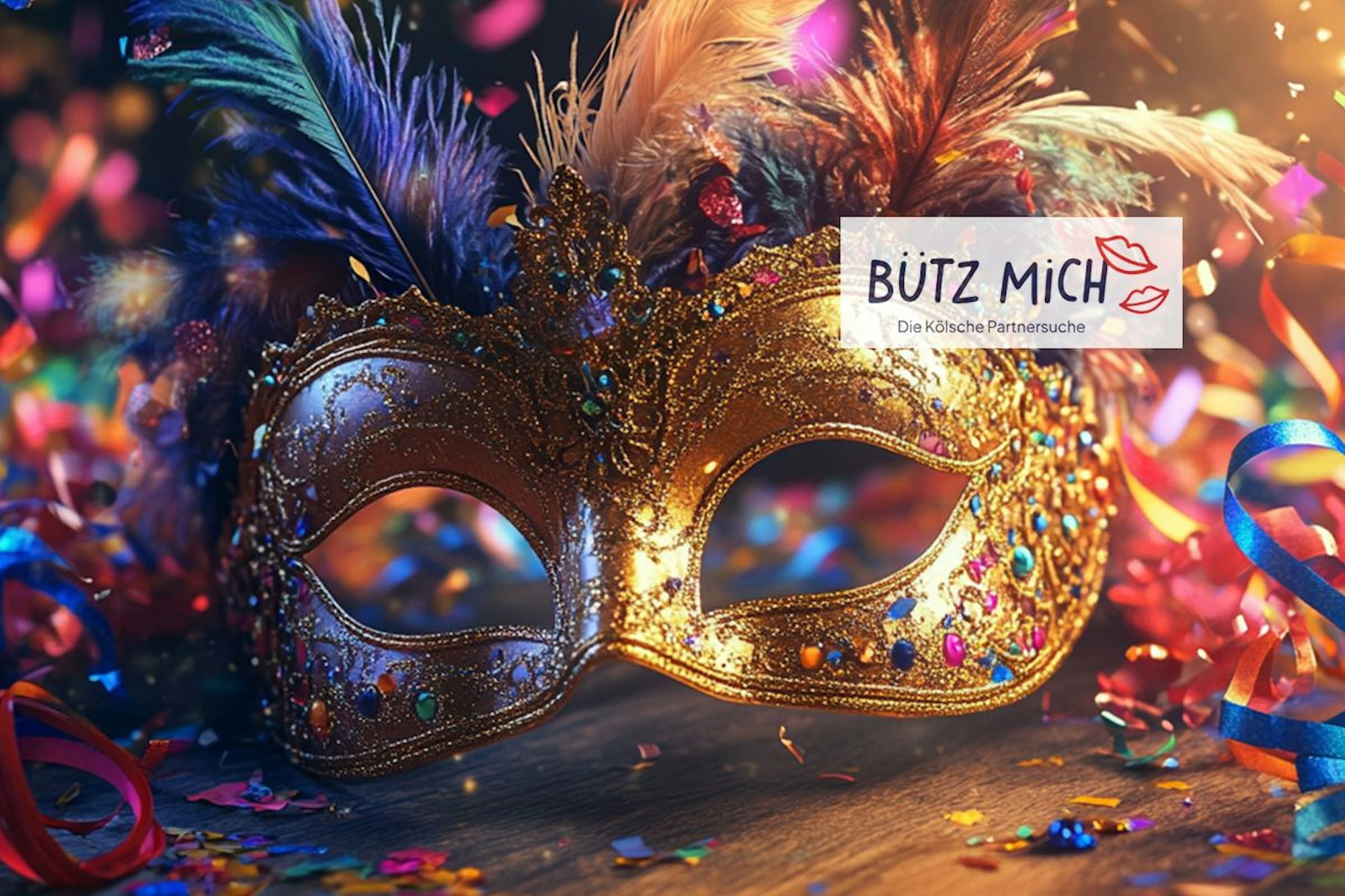 Eine bunte Karnevalsmaske liegt auf einem Holztisch. Um die Maske sind die Konfetti und Luftschlangen abgebildet.