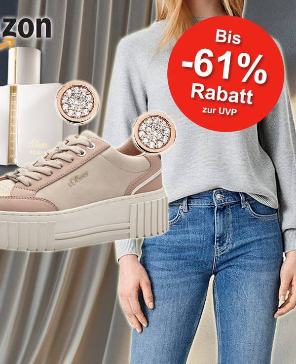 Verschiedene s.Oliver Produkte wie Damen und Herren Pullover, Kuscheldecke, Parfum, Ohrringe und Sneaker sind vor einem schlichten Hintergrund angeordnet.