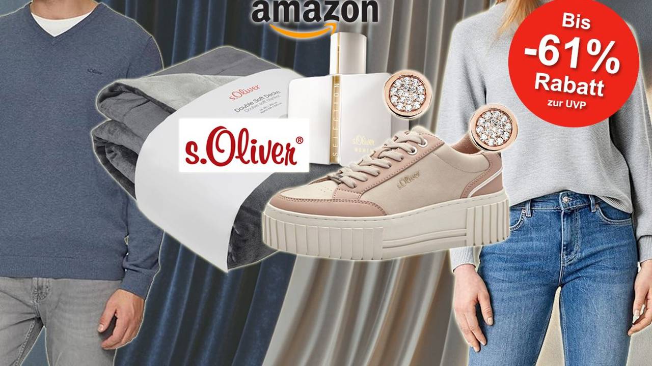 Verschiedene s.Oliver Produkte wie Damen und Herren Pullover, Kuscheldecke, Parfum, Ohrringe und Sneaker sind vor einem schlichten Hintergrund angeordnet.