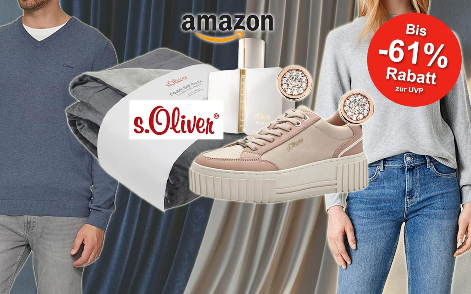 Verschiedene s.Oliver Produkte wie Damen und Herren Pullover, Kuscheldecke, Parfum, Ohrringe und Sneaker sind vor einem schlichten Hintergrund angeordnet.
