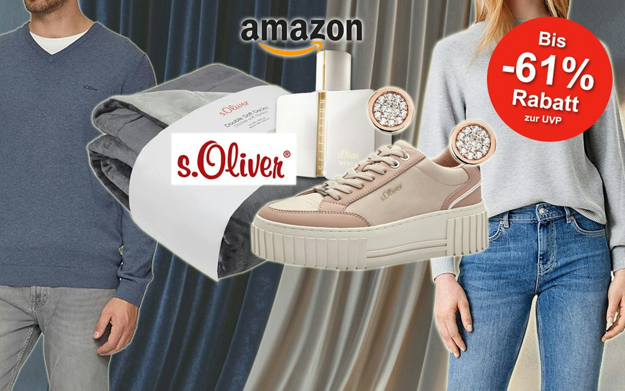 Verschiedene s.Oliver Produkte wie Damen und Herren Pullover, Kuscheldecke, Parfum, Ohrringe und Sneaker sind vor einem schlichten Hintergrund angeordnet.