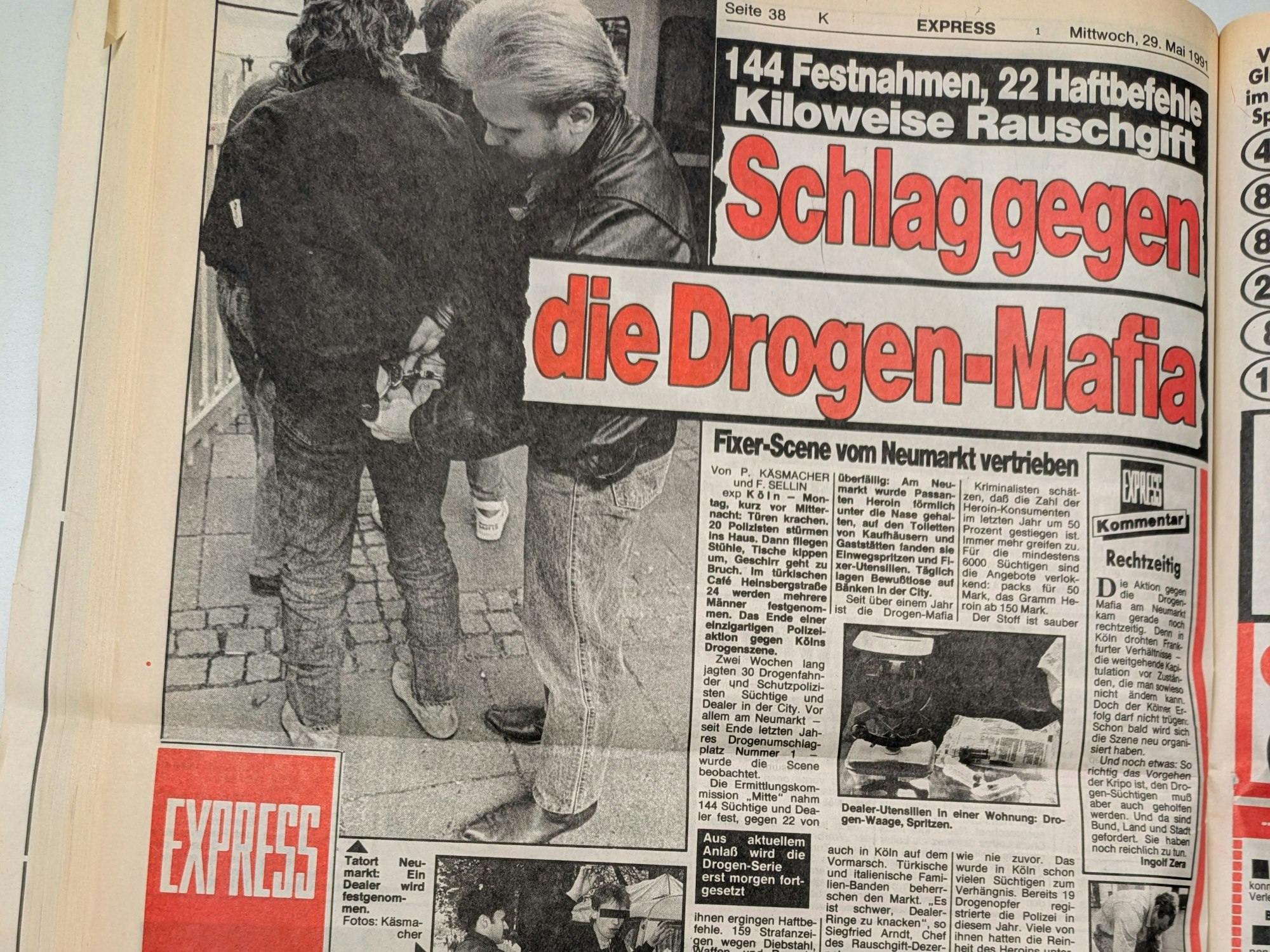 Ein Zeitungsausschnitt: So berichtete der EXPRESS 1991 über die Drogenrazzia auf dem Neumarkt.