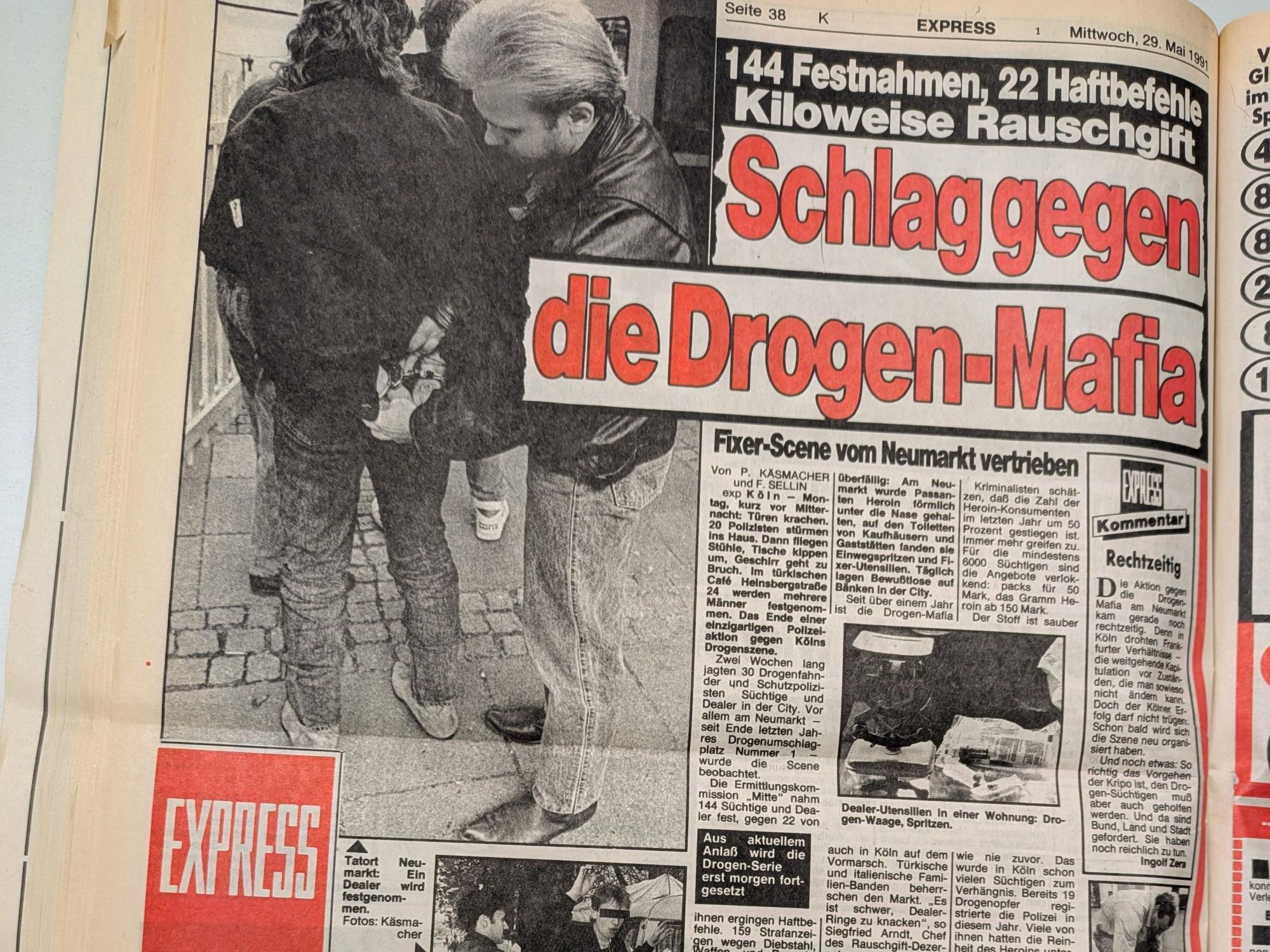 Ein Zeitungsausschnitt: So berichtete der EXPRESS 1991 über die Drogenrazzia auf dem Neumarkt.