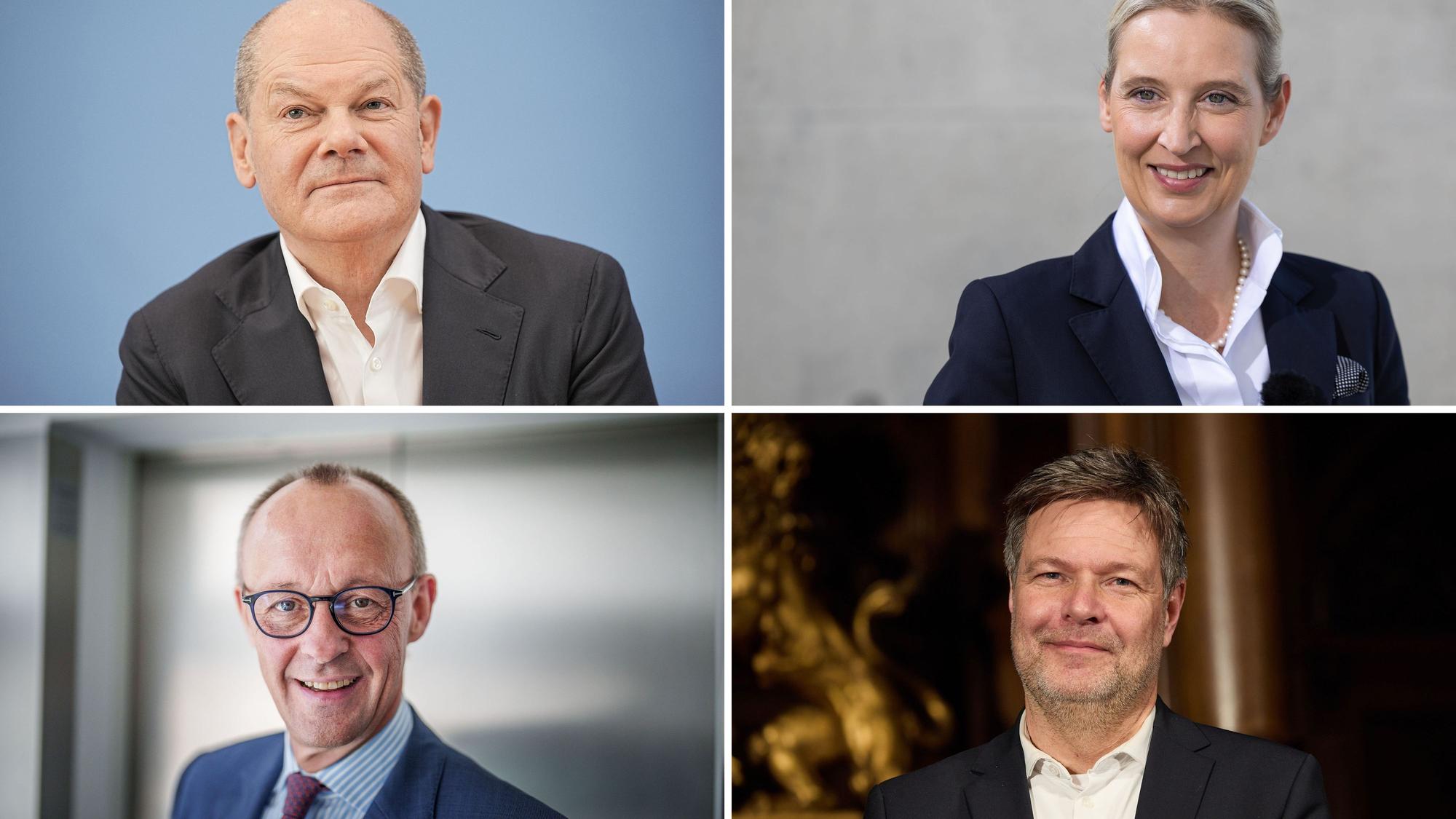 Bundeskanzler Olaf Scholz (SPD, oben, von links), Alice Weidel (AfD), Friedrich Merz (CDU), Robert Habeck (Grüne): Nun gibt es doch eine Viererrunde bei RTL.