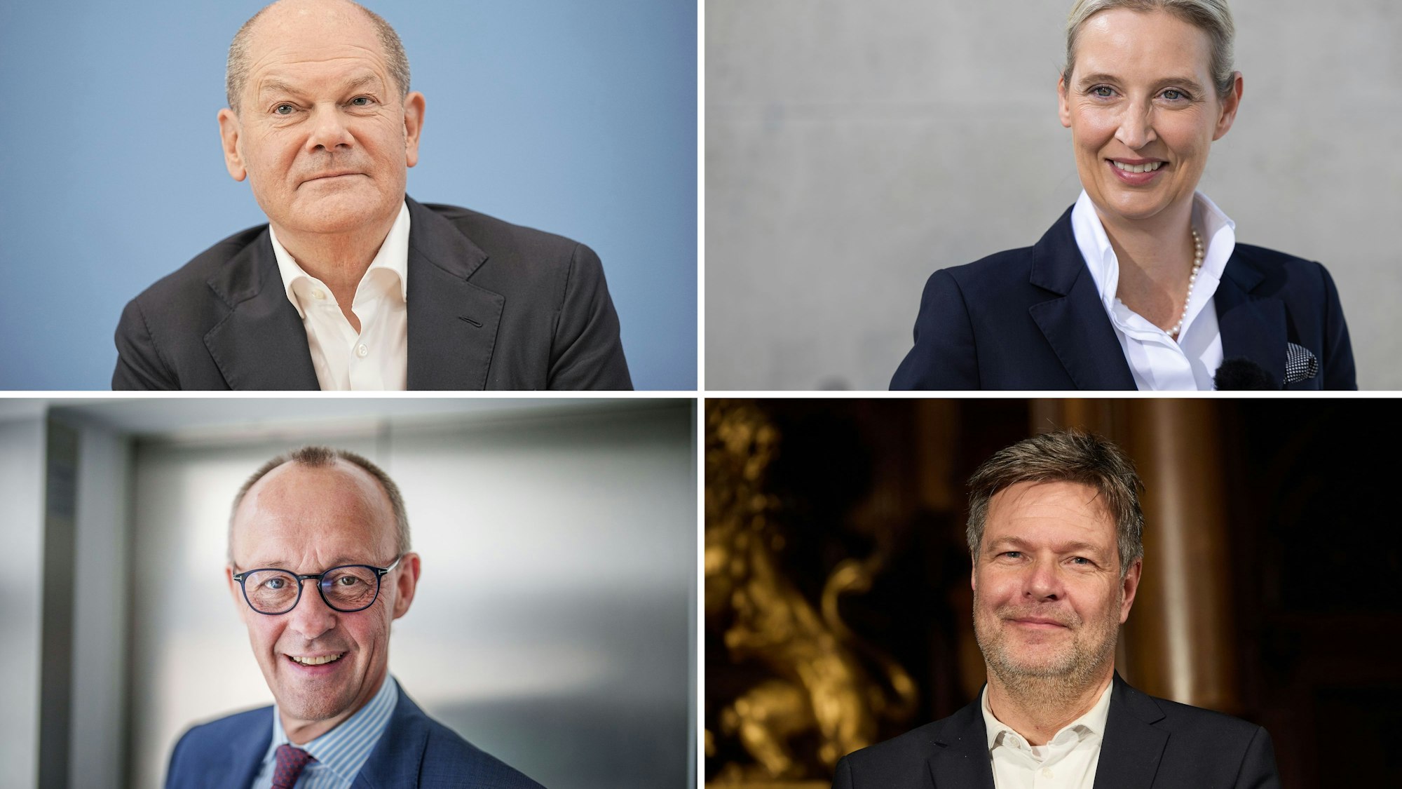 Bundeskanzler Olaf Scholz (SPD, oben, von links), Alice Weidel (AfD), Friedrich Merz (CDU), Robert Habeck (Grüne): Nun gibt es doch eine Viererrunde bei RTL.