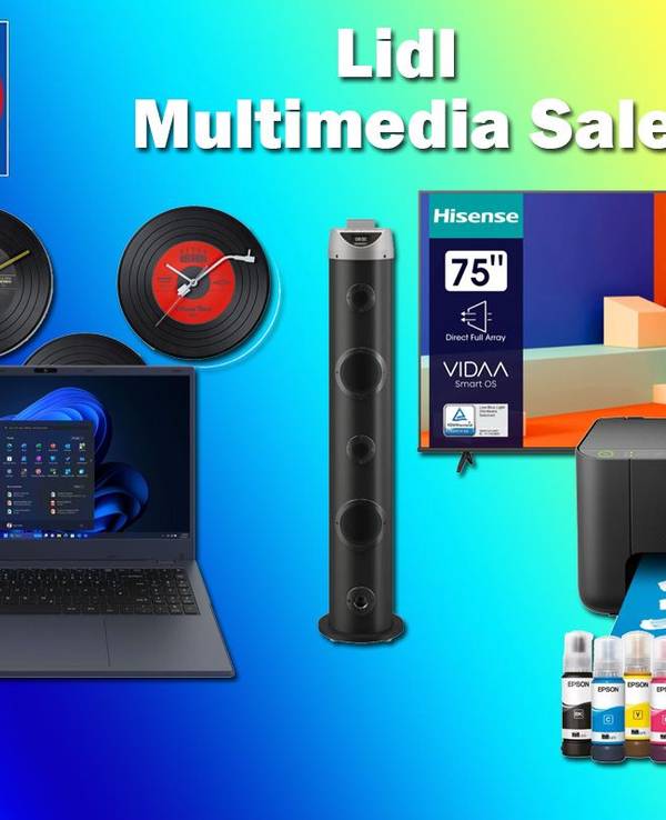 Produktbilder von Multimedia Geräten wie einem Laptop, Drucker, TV, Lautspreche