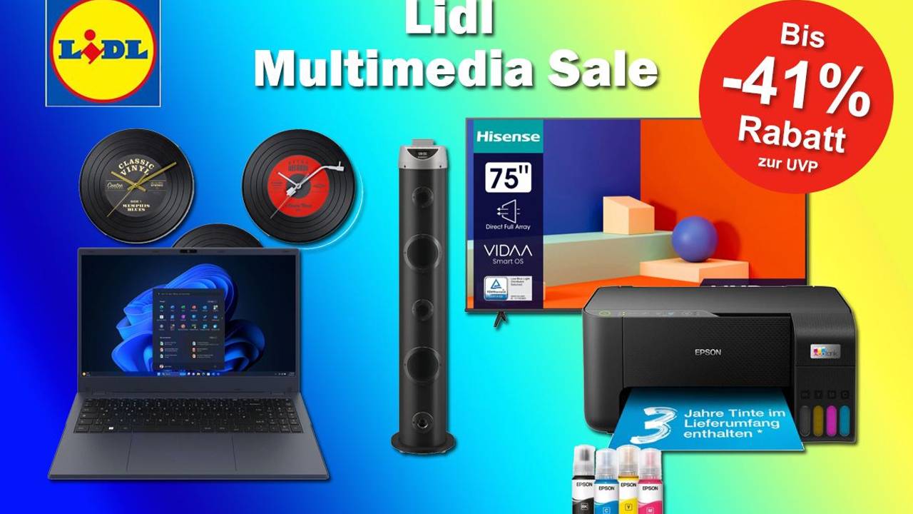 Produktbilder von Multimedia Geräten wie einem Laptop, Drucker, TV, Lautspreche