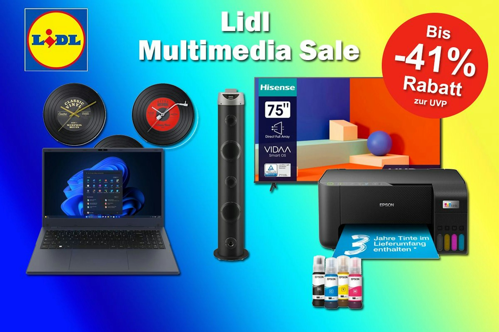 Produktbilder von Multimedia Geräten wie einem Laptop, Drucker, TV, Lautspreche