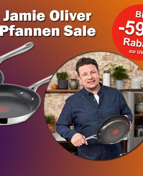 Produktbilder von 2 Jamie Oliver Pfannen und Jamie Oliver wie er eine Pfanne in der Hand hält.