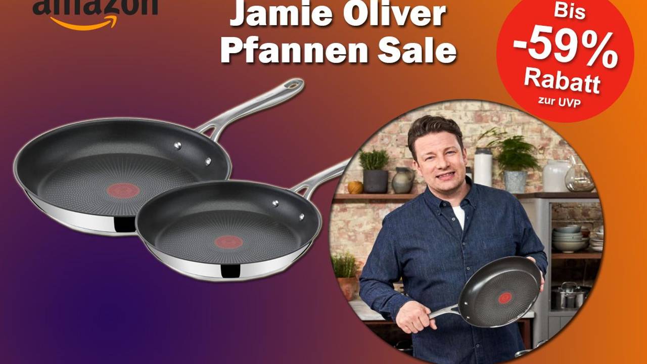 Produktbilder von 2 Jamie Oliver Pfannen und Jamie Oliver wie er eine Pfanne in der Hand hält.