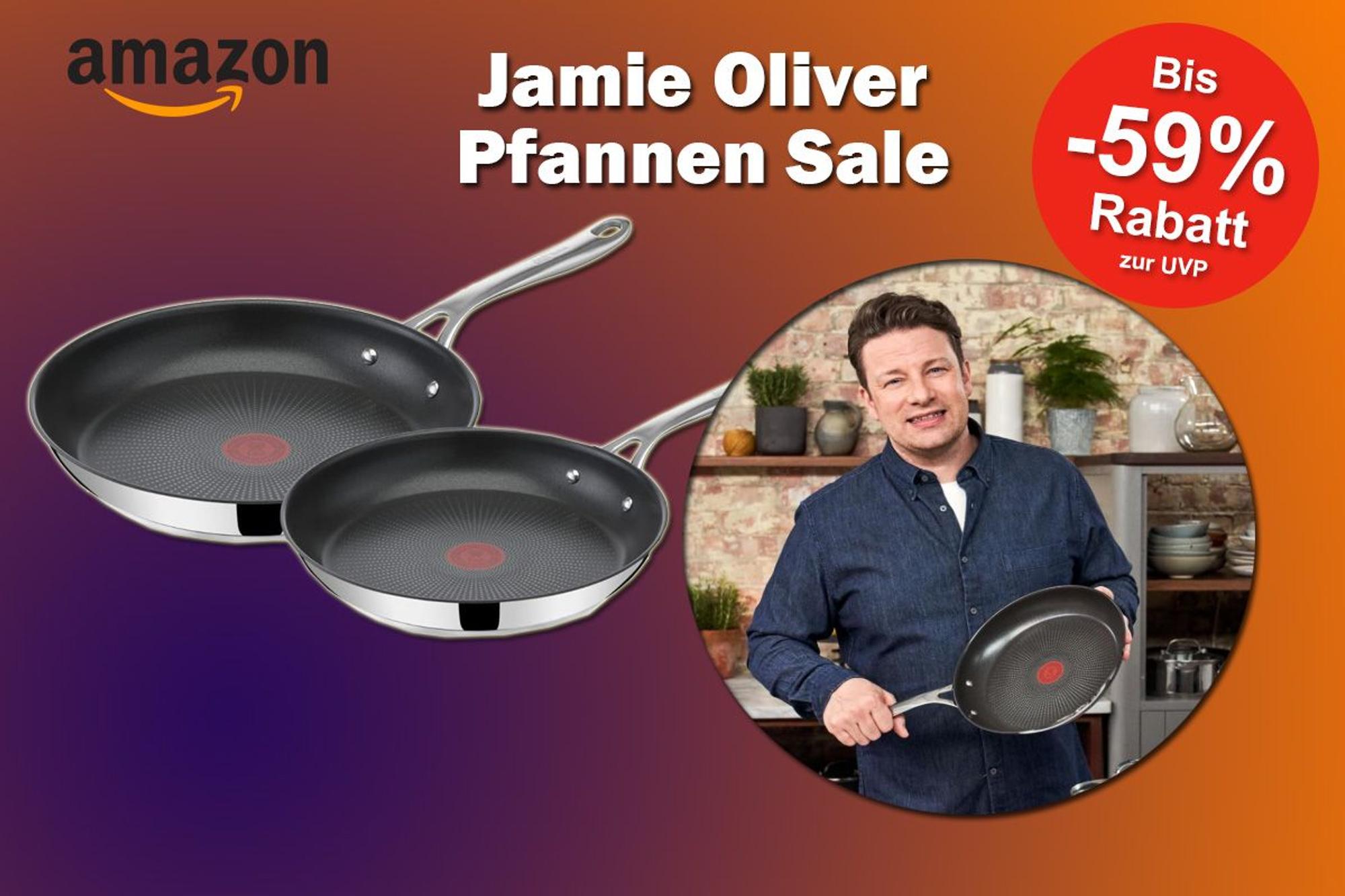 Produktbilder von 2 Jamie Oliver Pfannen und Jamie Oliver wie er eine Pfanne in der Hand hält.