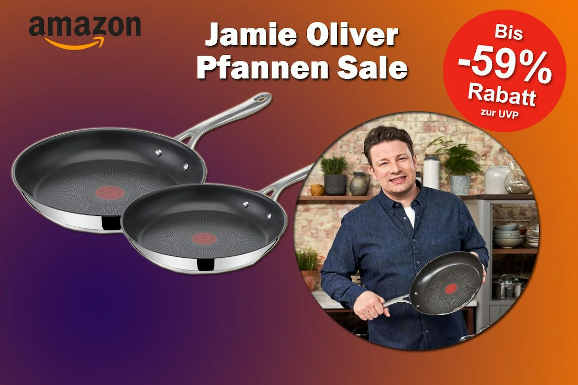 Produktbilder von 2 Jamie Oliver Pfannen und Jamie Oliver wie er eine Pfanne in der Hand hält.