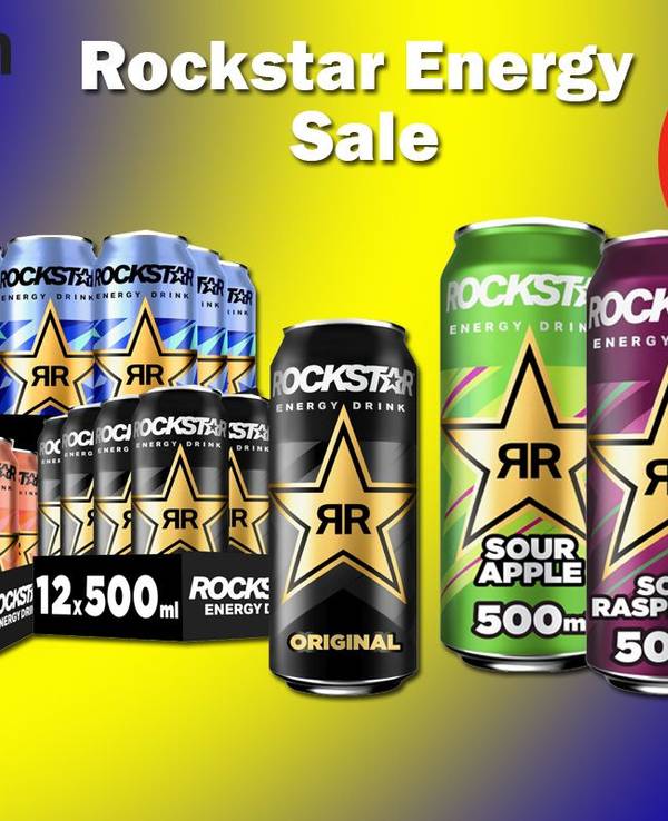 Produktbilder von verschiedenen Rockstar Energy Sorten vor einem gelb, blauen Farbverlauf