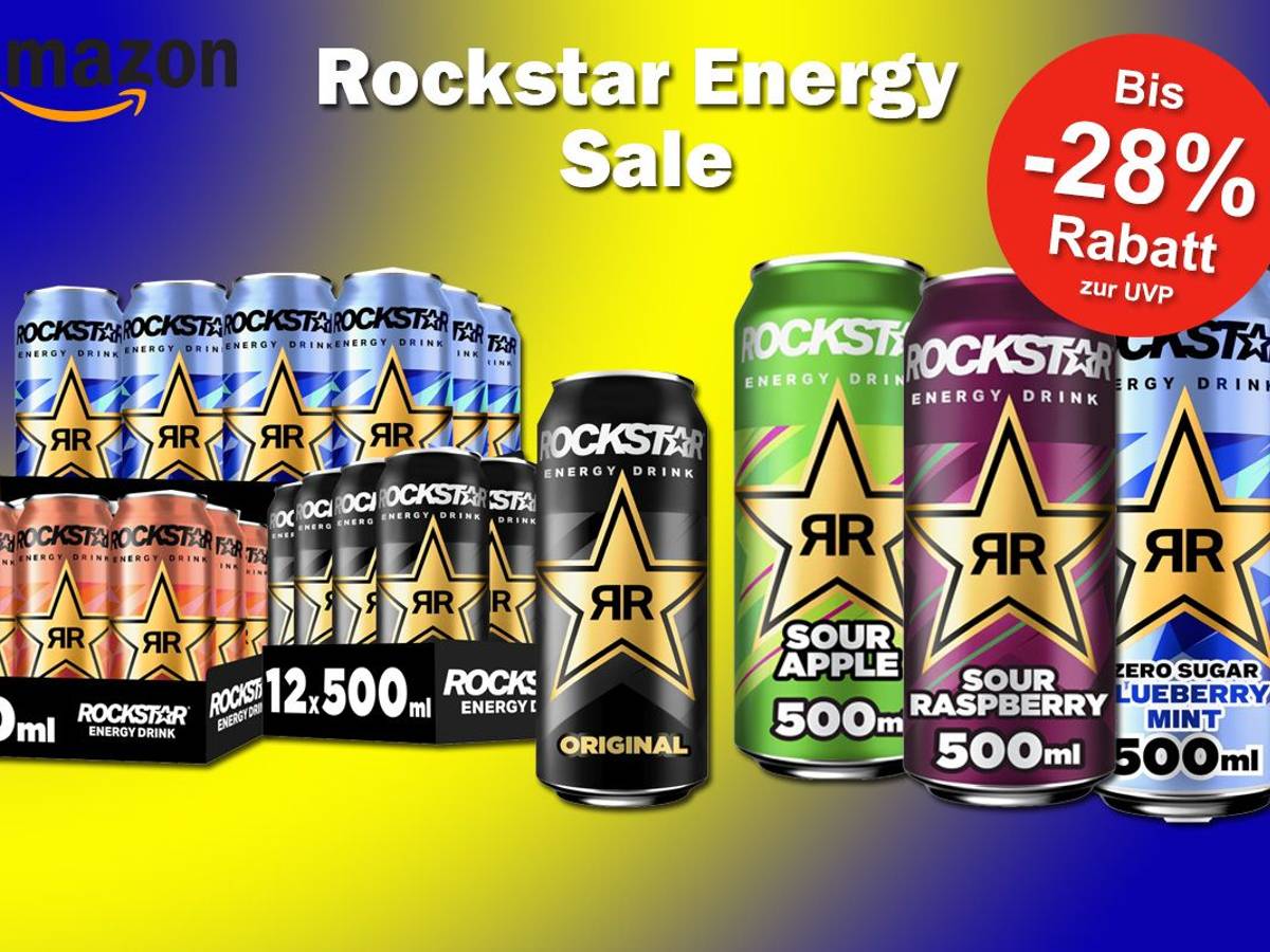 Produktbilder von verschiedenen Rockstar Energy Sorten vor einem gelb, blauen Farbverlauf