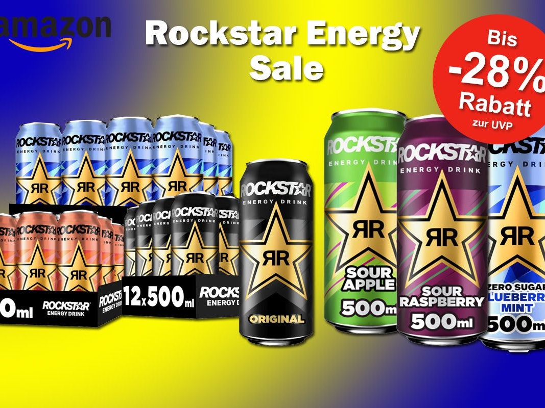 Produktbilder von verschiedenen Rockstar Energy Sorten vor einem gelb, blauen Farbverlauf