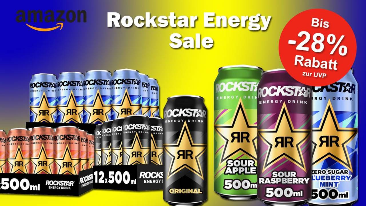 Produktbilder von verschiedenen Rockstar Energy Sorten vor einem gelb, blauen Farbverlauf