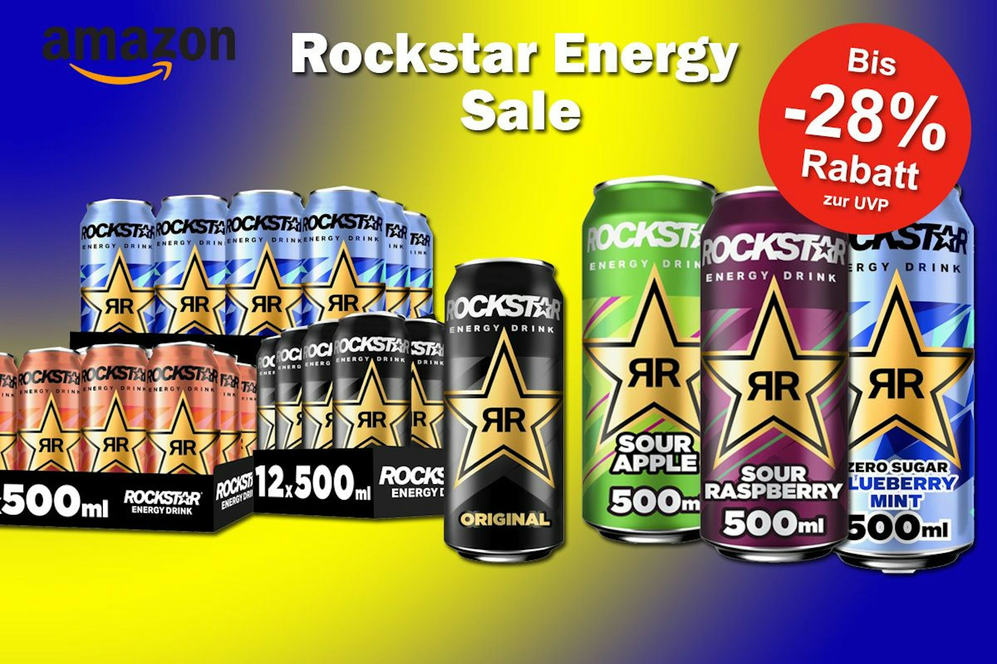 Produktbilder von verschiedenen Rockstar Energy Sorten vor einem gelb, blauen Farbverlauf