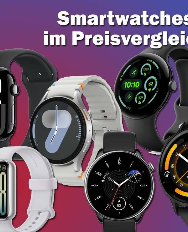 Smartwatch Modelle von Apple, Samsung, Garmin, Xiaomi, Fitbit, Google Pixel, Huawai und Amazfit vor einem rot-blauen Farbverlauf.