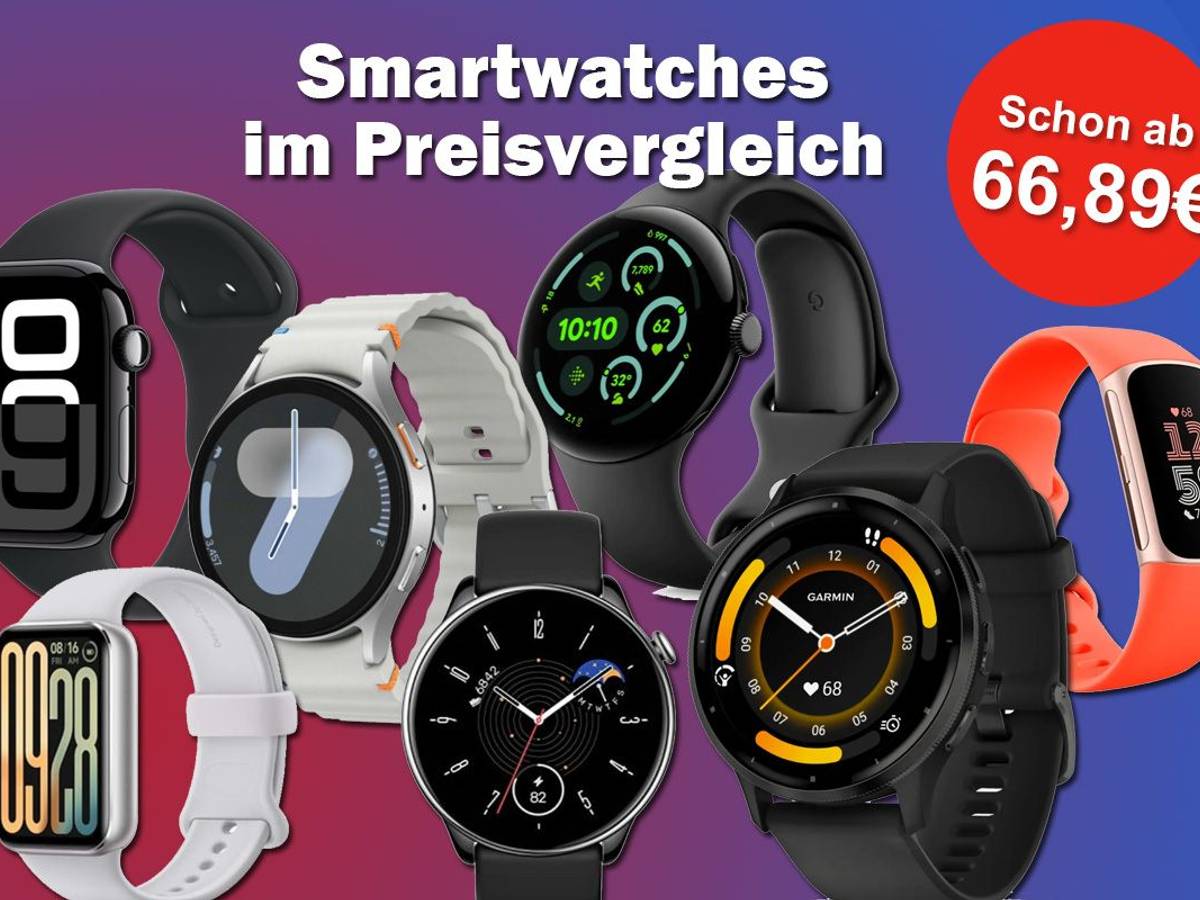 Smartwatch Modelle von Apple, Samsung, Garmin, Xiaomi, Fitbit, Google Pixel, Huawai und Amazfit vor einem rot-blauen Farbverlauf.