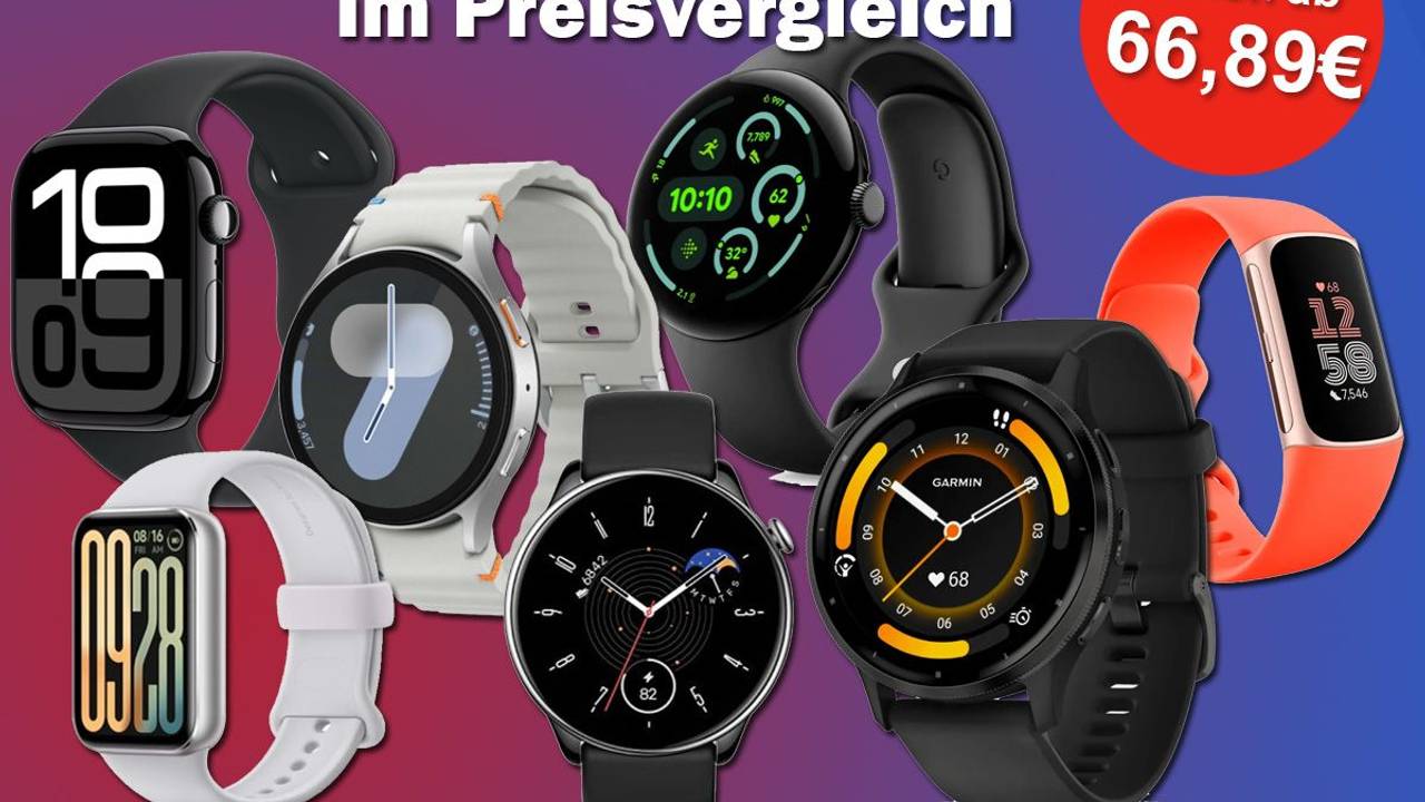 Smartwatch Modelle von Apple, Samsung, Garmin, Xiaomi, Fitbit, Google Pixel, Huawai und Amazfit vor einem rot-blauen Farbverlauf.