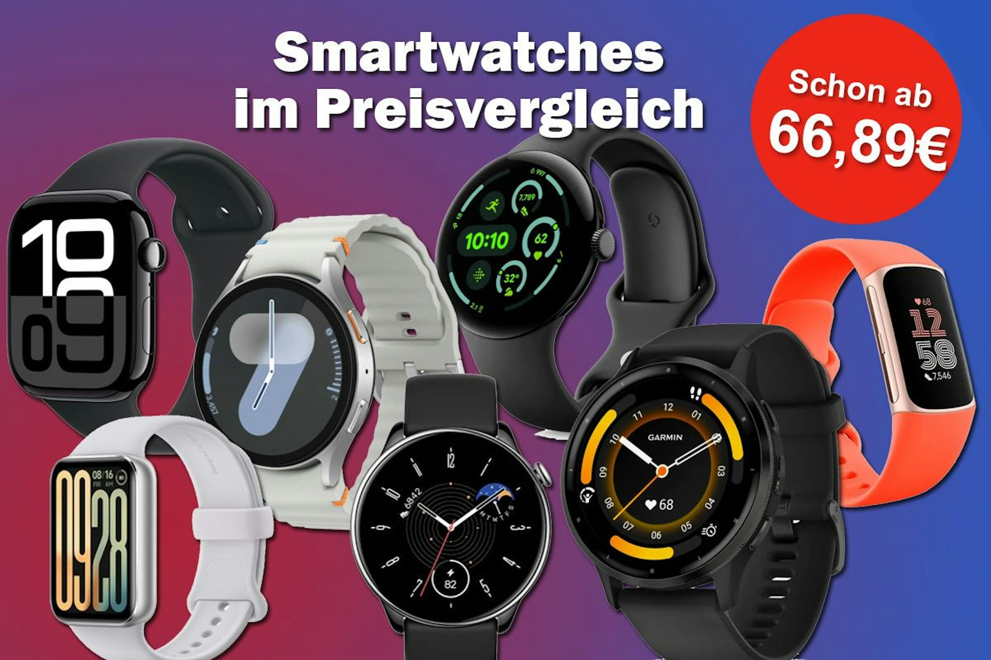 Smartwatch Modelle von Apple, Samsung, Garmin, Xiaomi, Fitbit, Google Pixel, Huawai und Amazfit vor einem rot-blauen Farbverlauf.