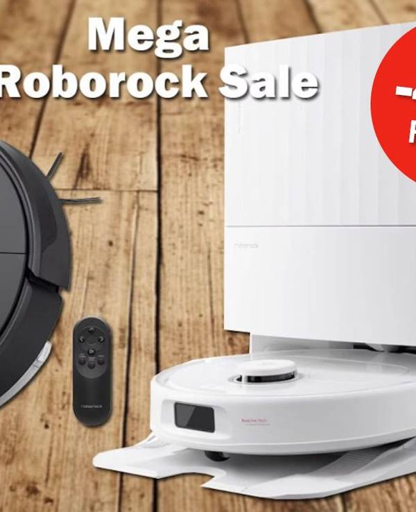 Produktbilder von zwei Roborock Saugrobotern vor einem Holzboden Hintergrund
