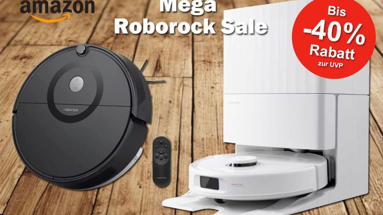 Produktbilder von zwei Roborock Saugrobotern vor einem Holzboden Hintergrund