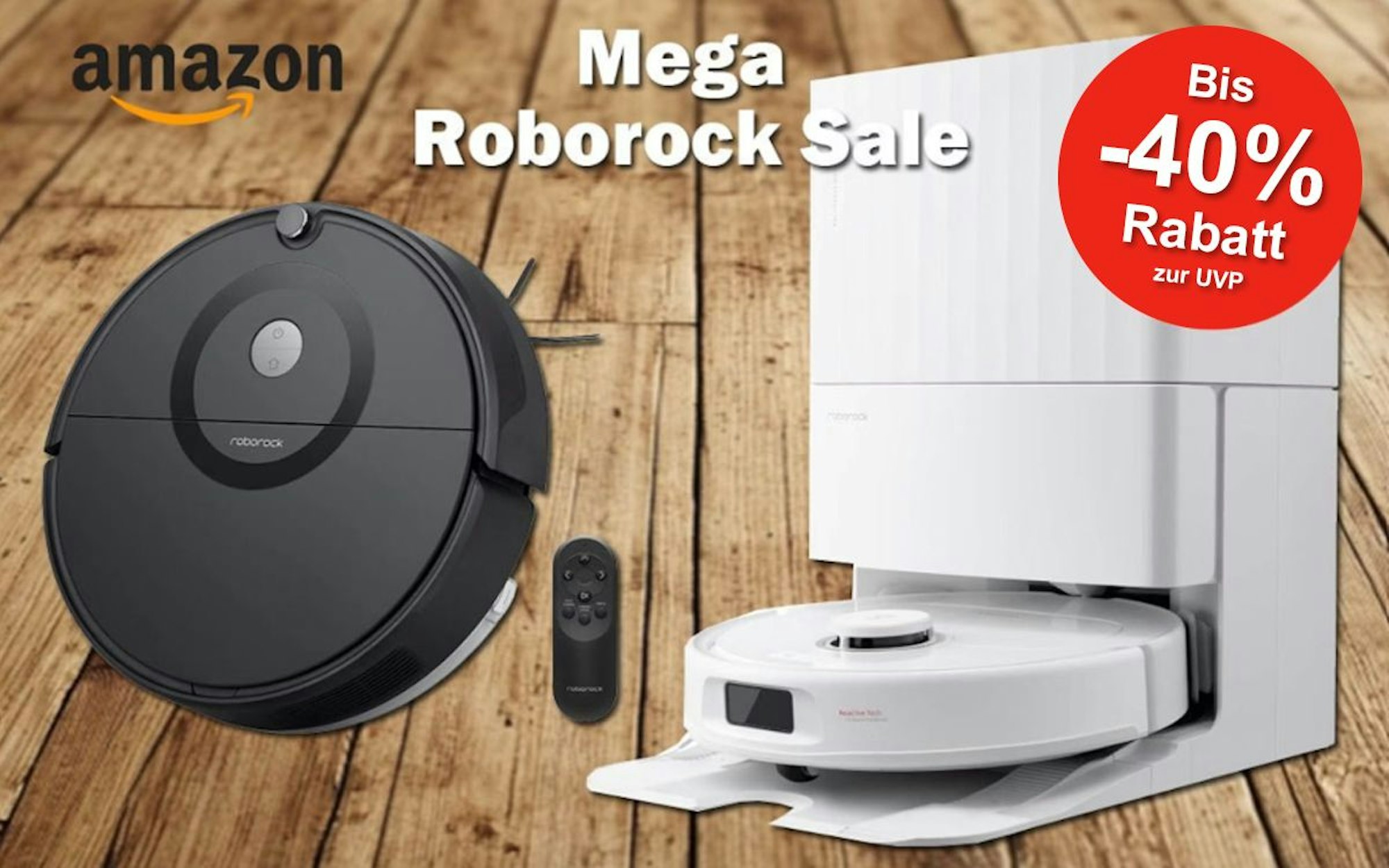 Produktbilder von zwei Roborock Saugrobotern vor einem Holzboden Hintergrund