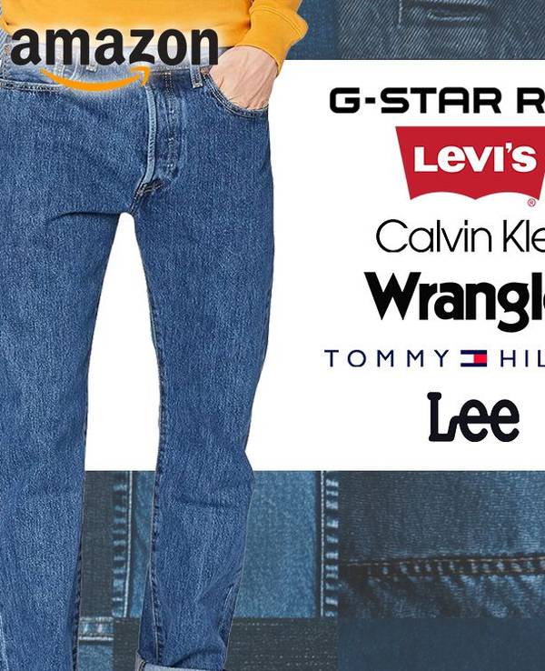 Auf dem Bild ist ein Jeansmuster im Hintergrund abgebildet. Zudem sind zwei Jeansmodelle und die Logos von bekannten Marken zu sehen