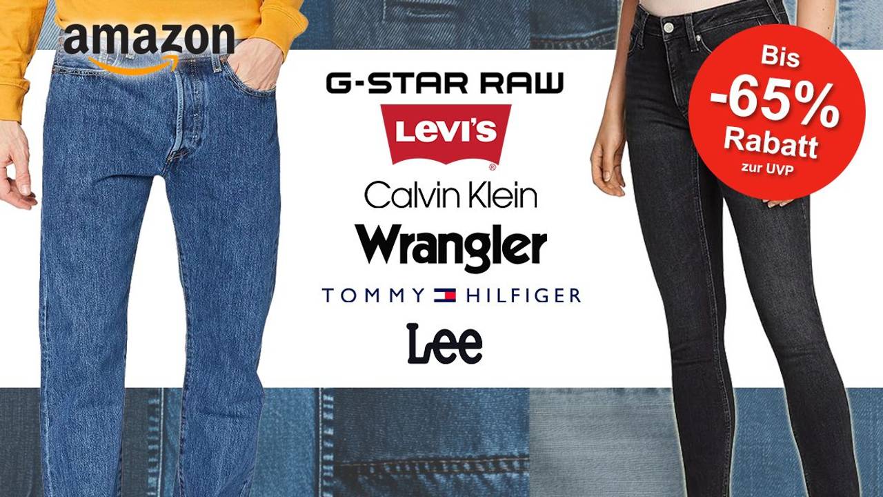 Auf dem Bild ist ein Jeansmuster im Hintergrund abgebildet. Zudem sind zwei Jeansmodelle und die Logos von bekannten Marken zu sehen