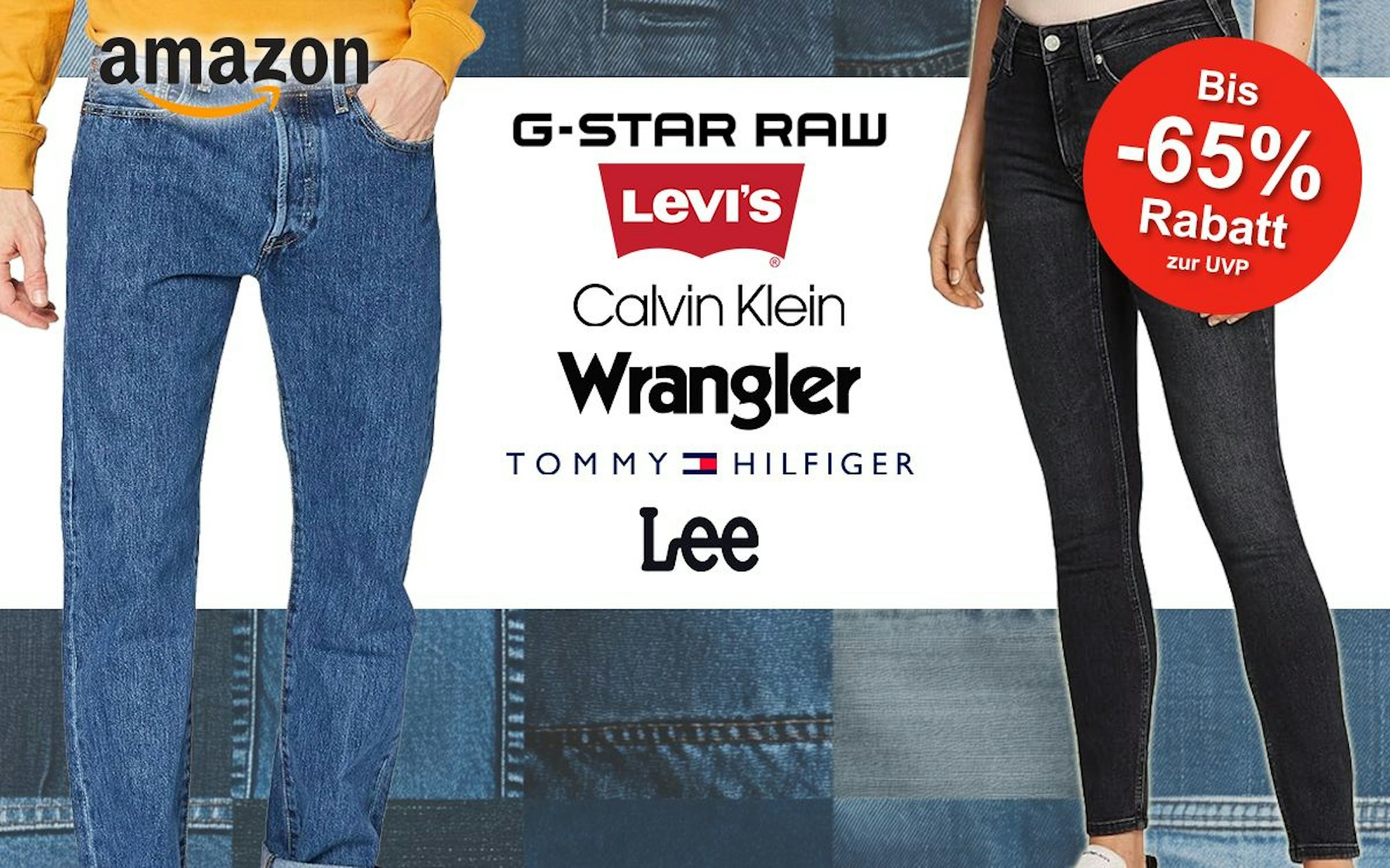 Auf dem Bild ist ein Jeansmuster im Hintergrund abgebildet. Zudem sind zwei Jeansmodelle und die Logos von bekannten Marken zu sehen