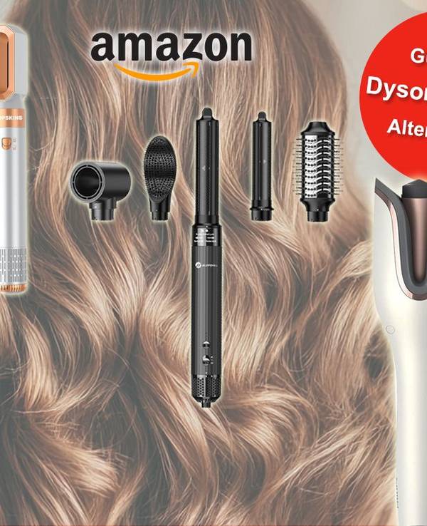 Dyson Airwrap Alternativen bei Amazon vor einem Hintergrund angeordnet. Der Hintergrund zeigt lockige Haare.