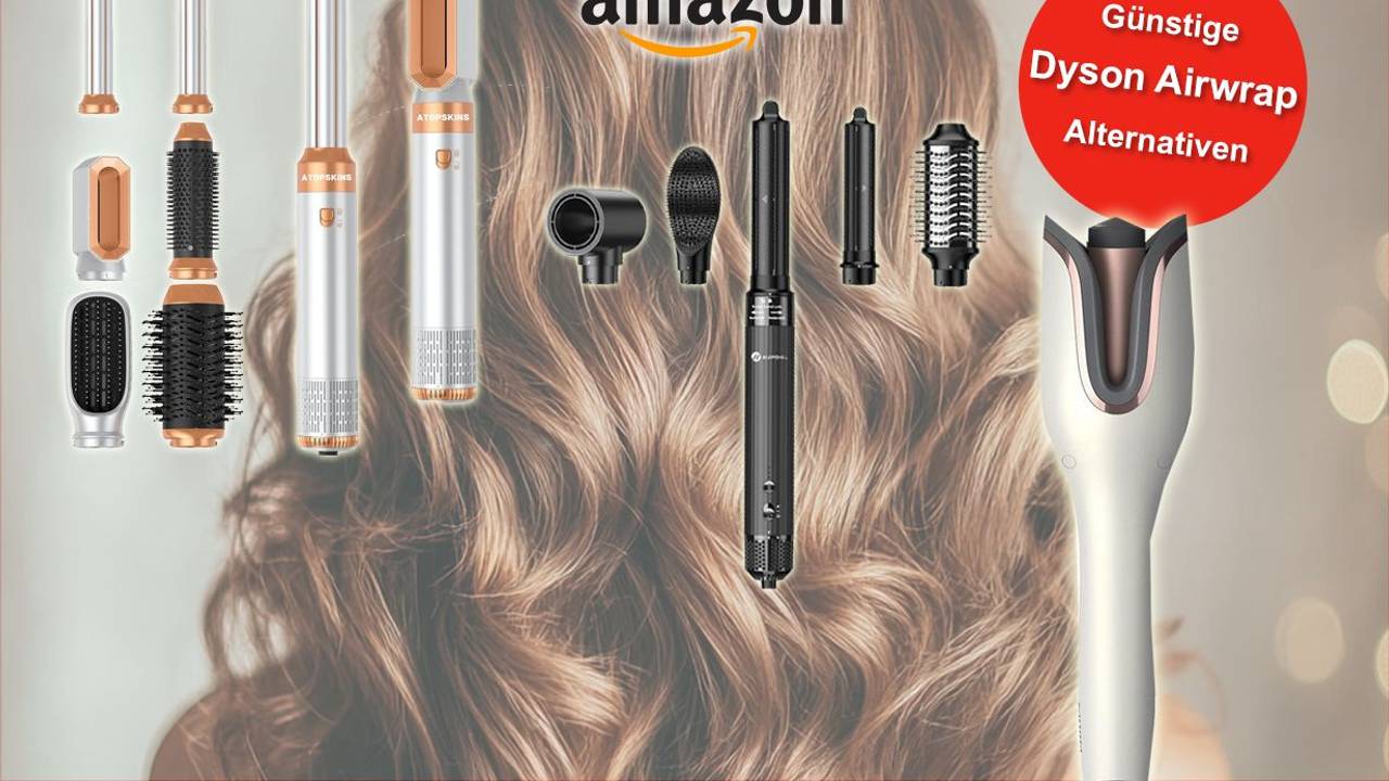 Dyson Airwrap Alternativen bei Amazon vor einem Hintergrund angeordnet. Der Hintergrund zeigt lockige Haare.