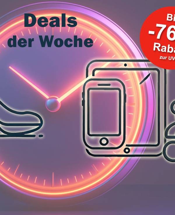 Der Hintergrund zeigt eine Uhr. Vor dieser Uhr sind verschiedene Icons platziert, die einzelne Kategorien widerspiegeln (Küche, Mode, Technik und Spielzeug).