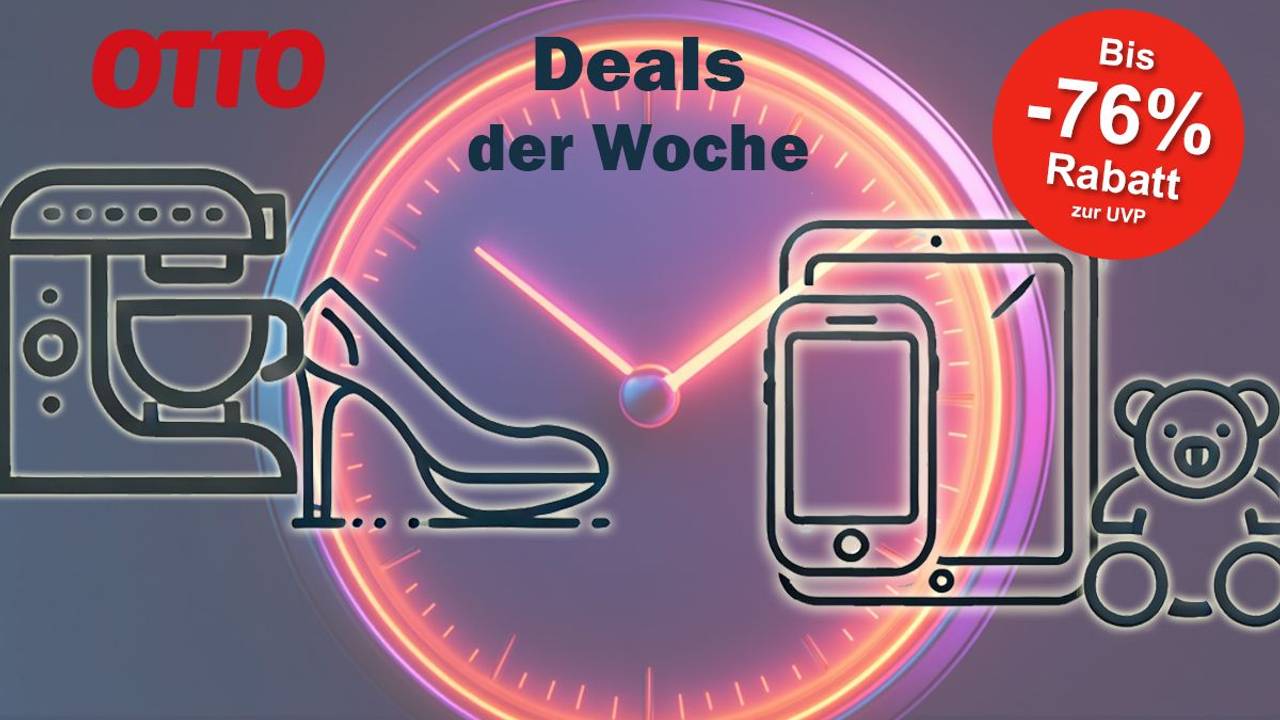 Der Hintergrund zeigt eine Uhr. Vor dieser Uhr sind verschiedene Icons platziert, die einzelne Kategorien widerspiegeln (Küche, Mode, Technik und Spielzeug).