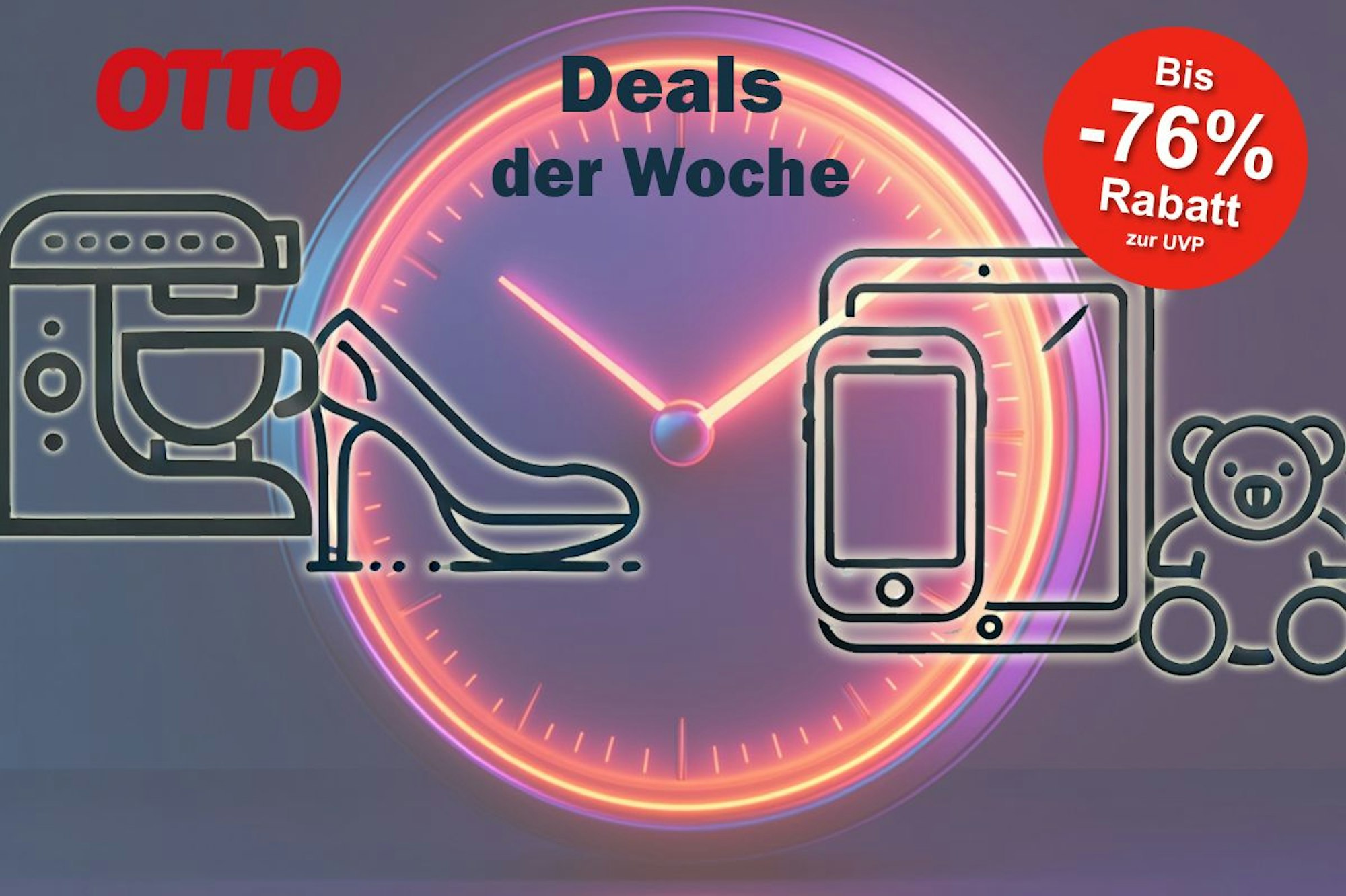 Der Hintergrund zeigt eine Uhr. Vor dieser Uhr sind verschiedene Icons platziert, die einzelne Kategorien widerspiegeln (Küche, Mode, Technik und Spielzeug).