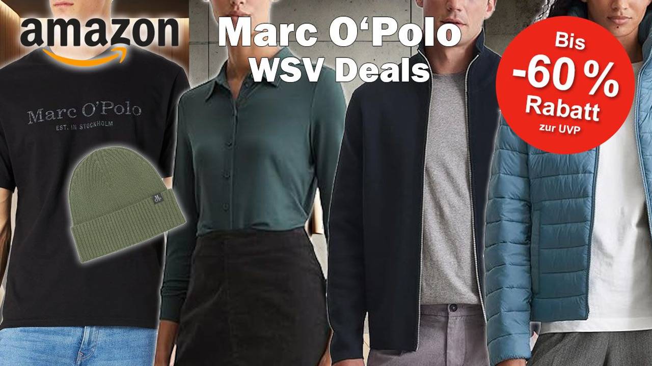 Marc O'Polo Mode getragen von männlichen und weiblichen Models: Shirts, Blusen, Jeans, Jacken in verschiedenen Farben.