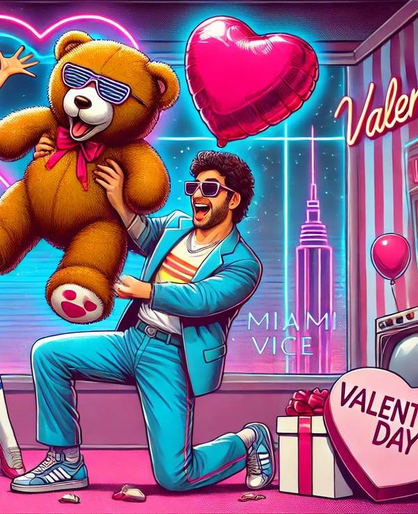 Ein Mann schenkt einer Frau einen großen Teddybären mit Herz zum Valentinstag. Bild im Comic-Style.