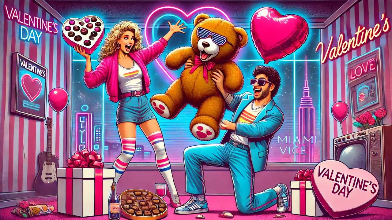 Ein Mann schenkt einer Frau einen großen Teddybären mit Herz zum Valentinstag. Bild im Comic-Style.