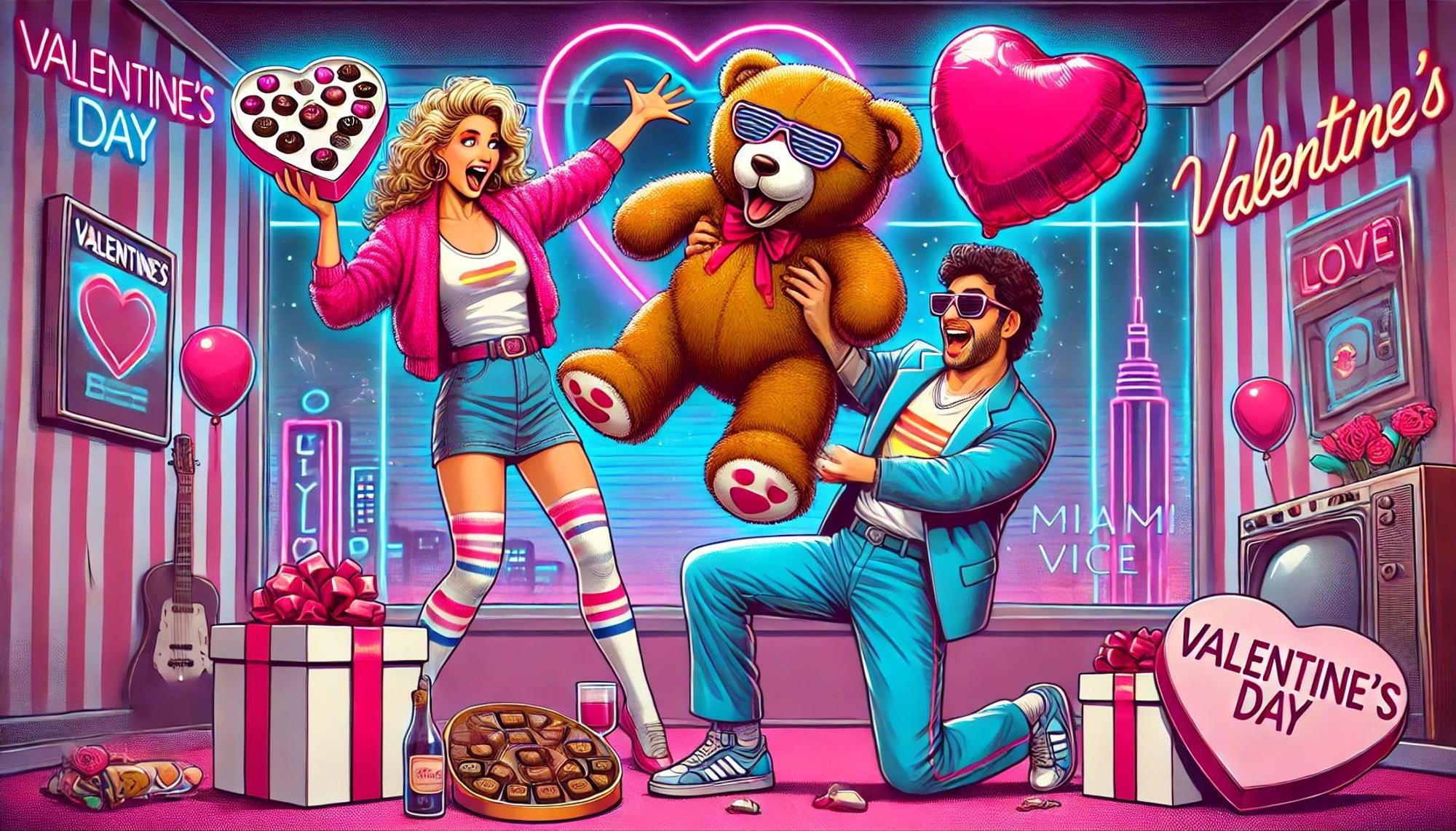 Ein Mann schenkt einer Frau einen großen Teddybären mit Herz zum Valentinstag. Bild im Comic-Style.