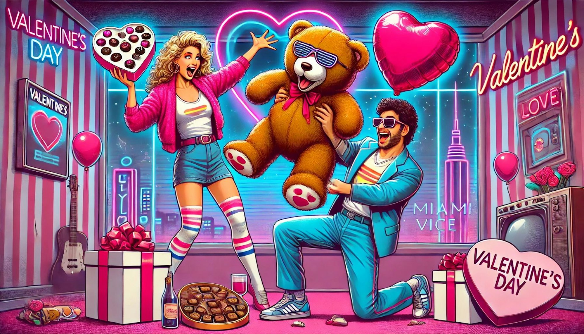 Ein Mann schenkt einer Frau einen großen Teddybären mit Herz zum Valentinstag. Bild im Comic-Style.