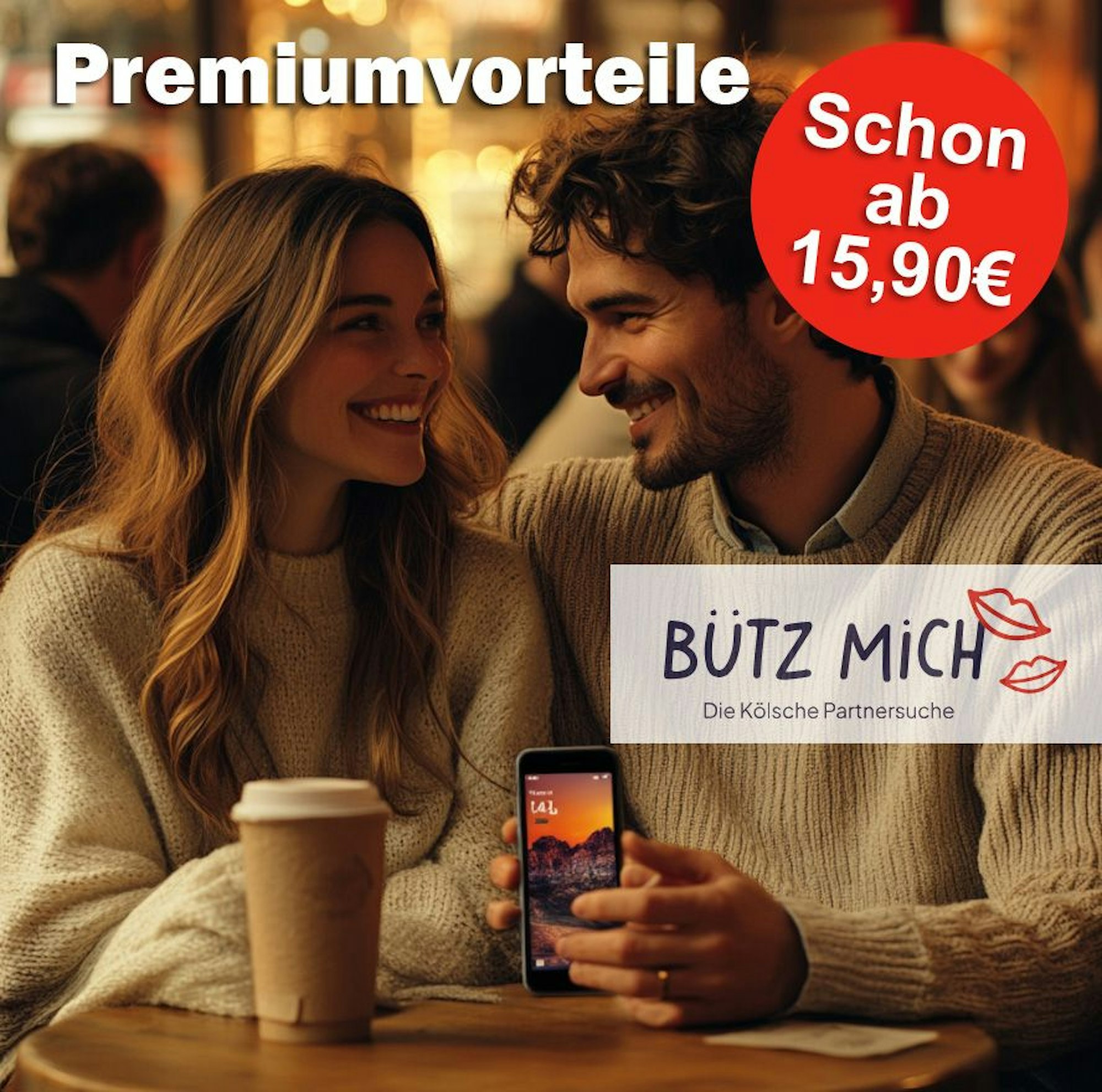 Ein glückliches Paar sitzt in einem gemütlichen Café, lächelt sich tief in die Augen und genießt den Moment – ihre Hände berühren sich sanft, während auf seinem Smartphone die Dating-App „Bütz mich“ zu sehen ist, der Ort, an dem ihre Liebesgeschichte begann.