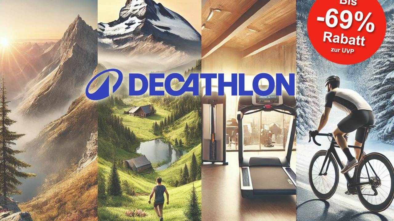 Eine Collage aus einem Rennradbild, einem Laufband in einem Fitnessstudio und zwei Bildern in den Bergen.