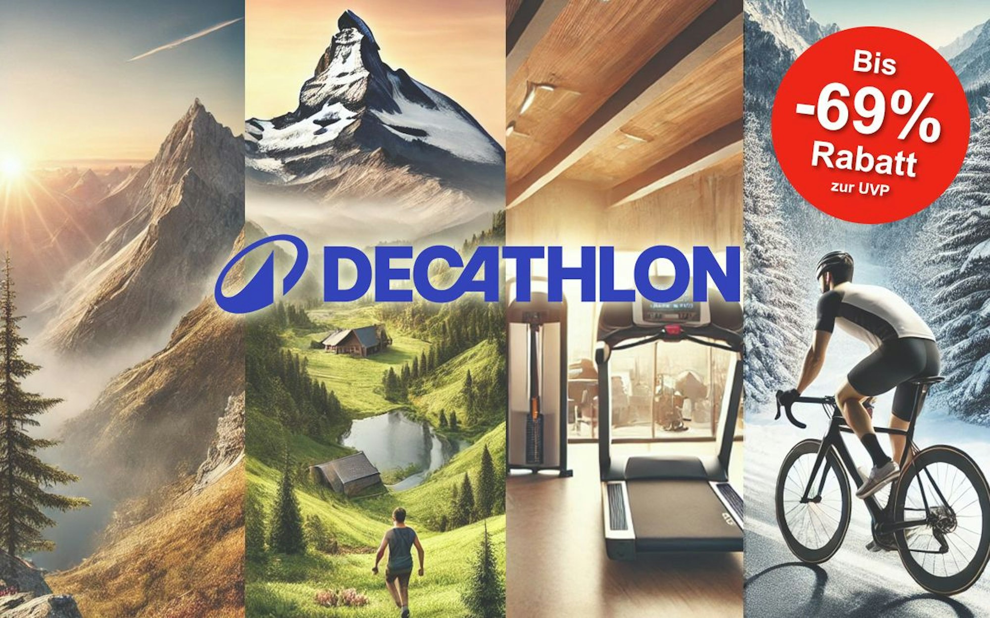 Eine Collage aus einem Rennradbild, einem Laufband in einem Fitnessstudio und zwei Bildern in den Bergen.