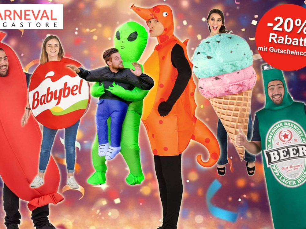 Lustige Karnevalskostüme wie ein Bierkostüm, ein Babybel, ein Seepferdchen, eine Eistüte und mehr sind vor einem bunten Hintergrund mit Konfetti platziert.