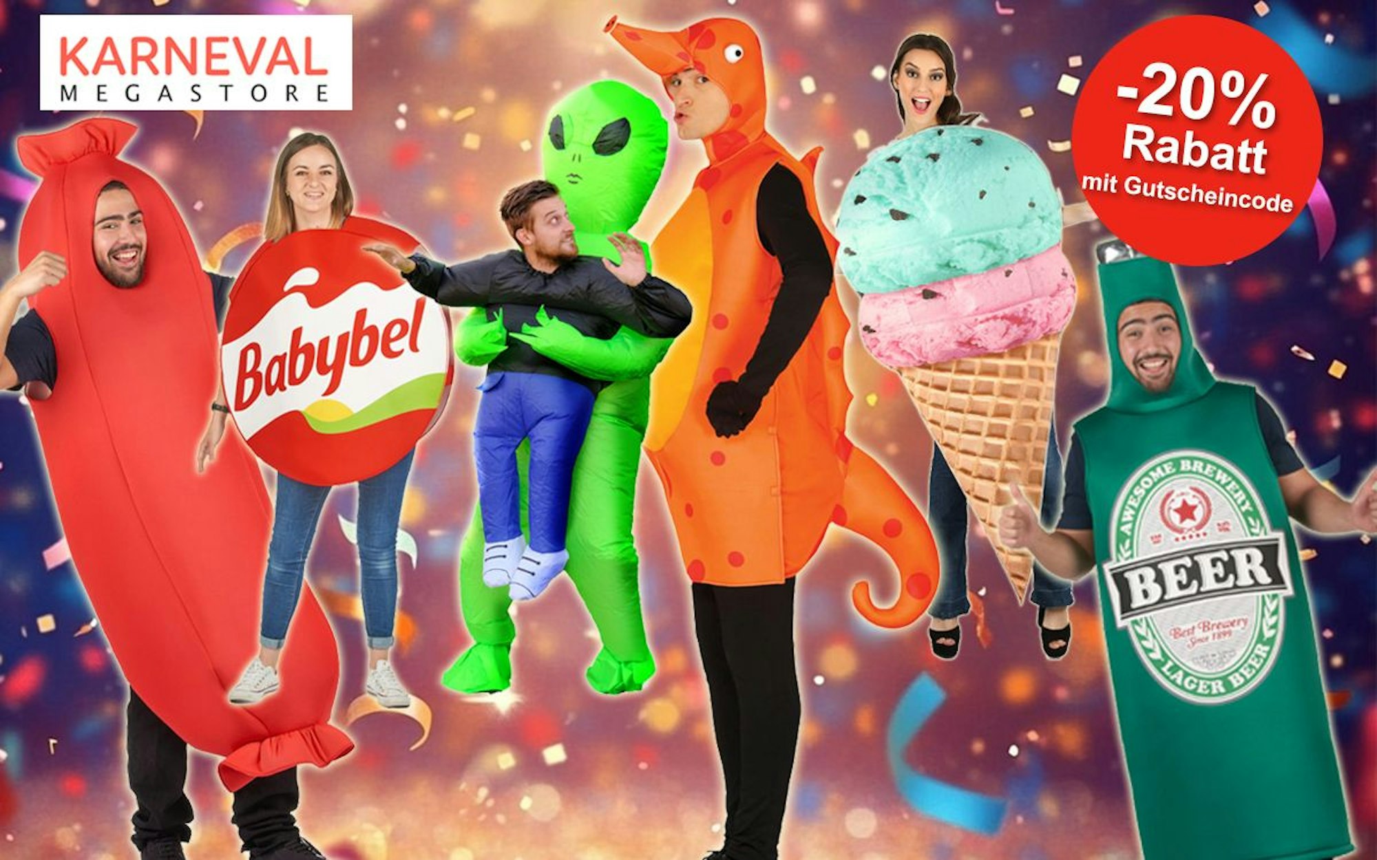 Lustige Karnevalskostüme wie ein Bierkostüm, ein Babybel, ein Seepferdchen, eine Eistüte und mehr sind vor einem bunten Hintergrund mit Konfetti platziert.