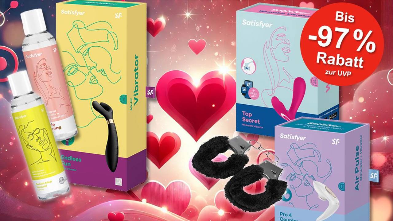 Zum Valentinstag Satisfyer Vibratoren und Toys und Massage-Gels vor einem Hintergrund mit vielen roten Herzen.
